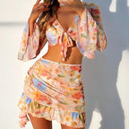 Printed Long-Sleeve Split Cover-Up Bikini Flowering Girl