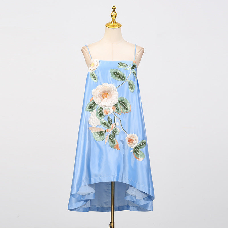 Edwina Applique Floral Embroidered Mini Dress In Blue Flowering Girl