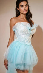 Kalene Strapless Ruffle Tulle Dress In Blue Flowering Girl