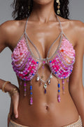Colorful Bead Crystal Chain Halter Crop Top Flowering Girl