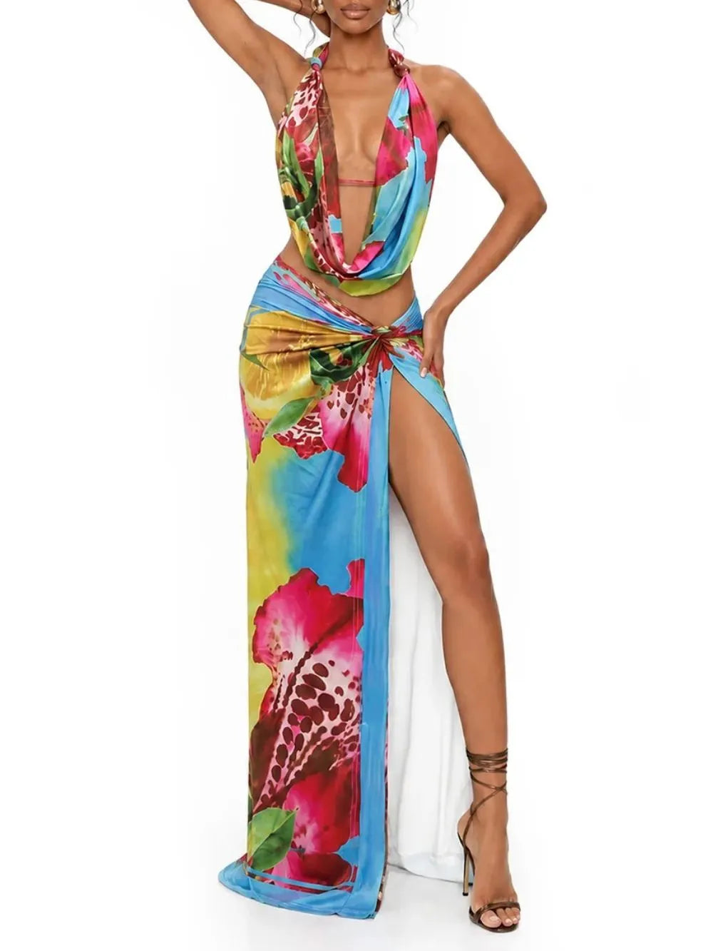 Maysel Cowl Neck Floral Split Skirt Set Flowering Girl