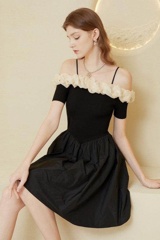Off-Shoulder Ruffle Trim Suspender Mini Dress In Black Flowering Girl