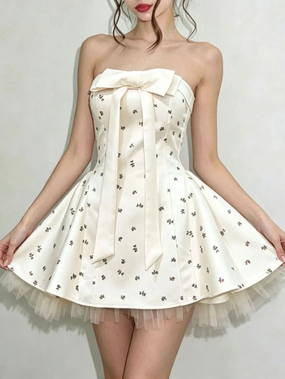 Iola Strapless Bowknot Floral Mini Dress Flowering Girl