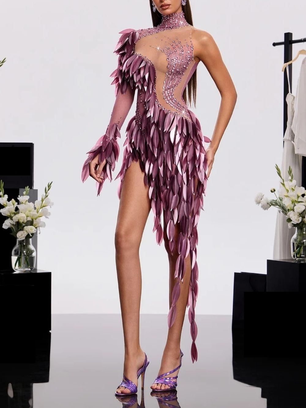 Xandrik One Shoulder Leaf Mesh Dress Flowering Girl