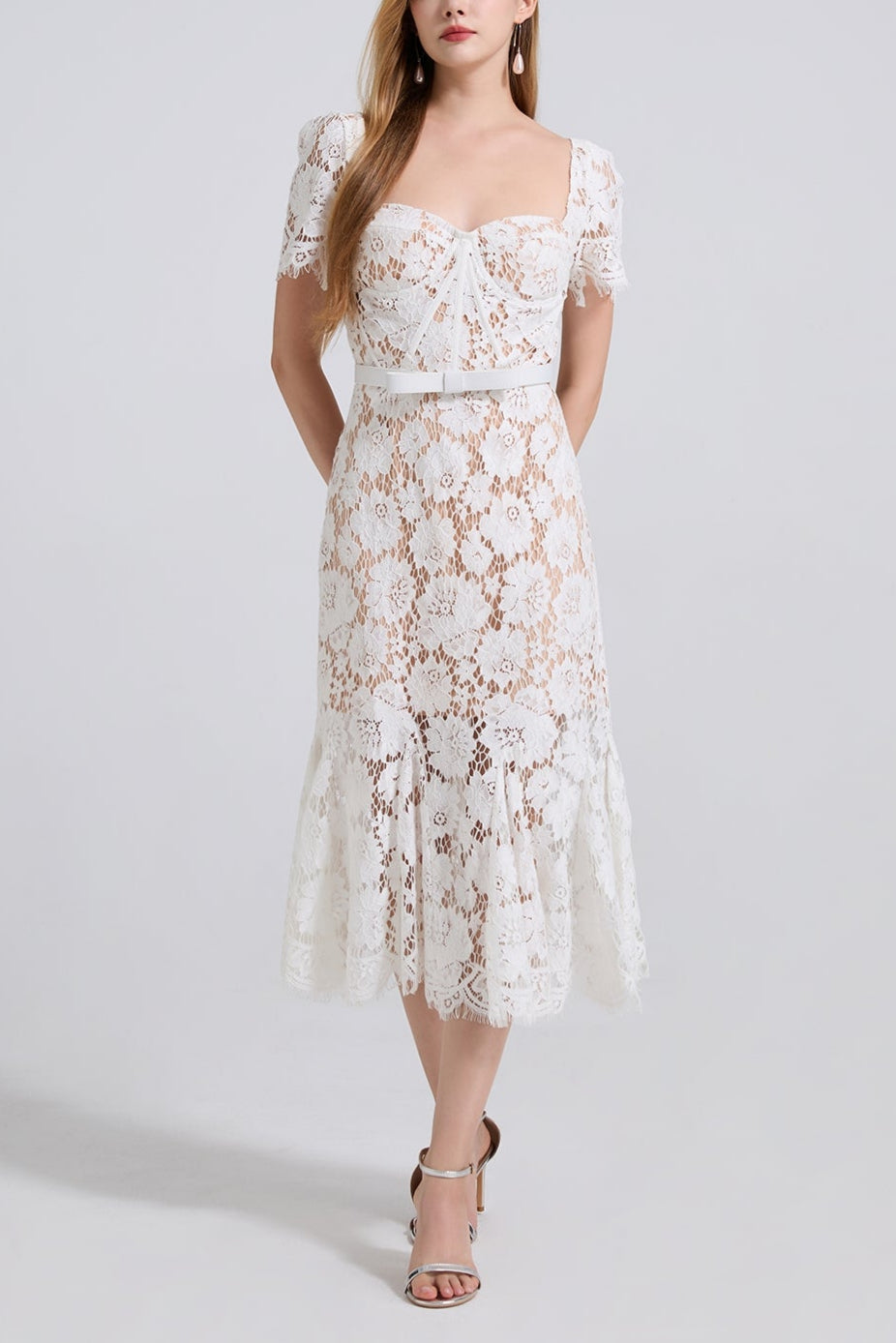 SQUARE NECK LACE MIDI DRESS IN WHITE Flowering Girl
