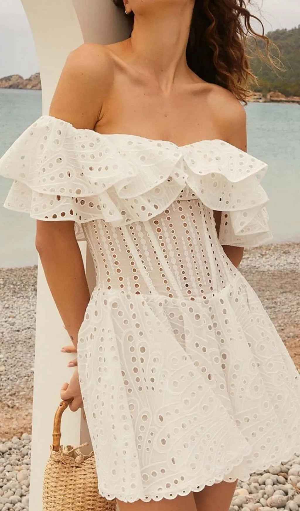 Off-Shoulder Print Mini Dress In White Flowering Girl