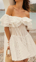 Off-Shoulder Print Mini Dress In White Flowering Girl
