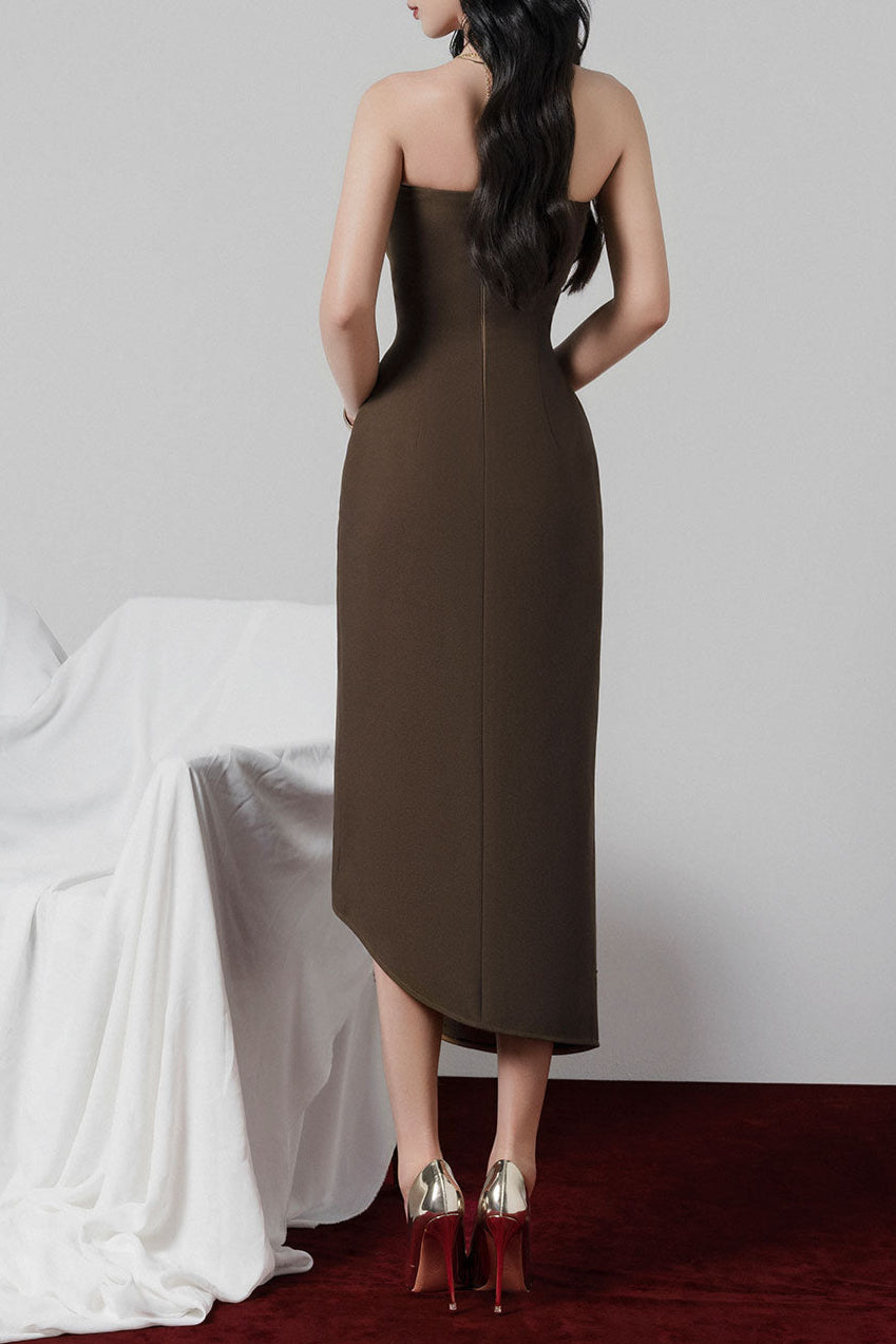 Adelaide Strapless Asymmetric Midi Dress In Brown Flowering Girl