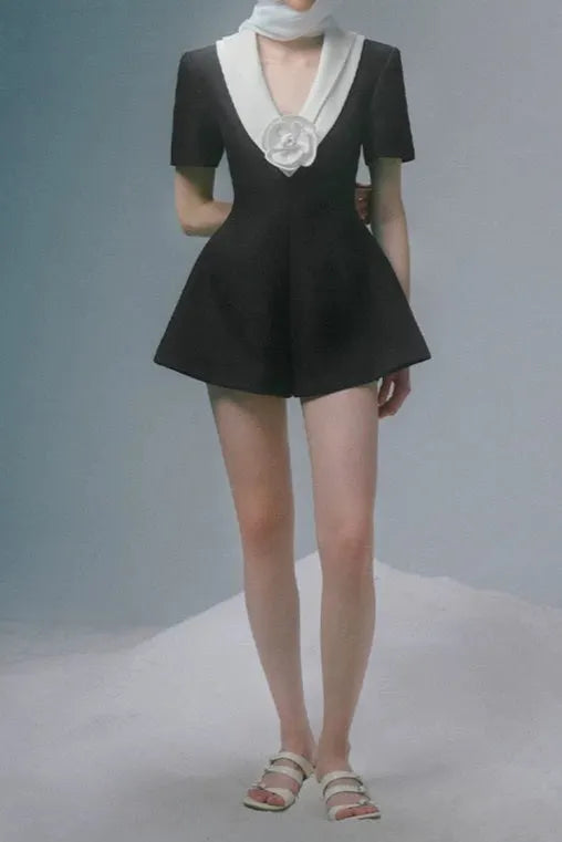 v Neck White 3d Flower Jumpsuit In Black Flowering Girl