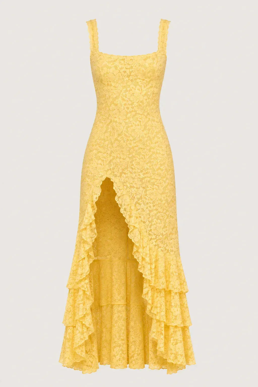 Irregular Ruffled Lace Patchwork High Slit Slip Maxi Dress - Yellow Flowering Girl