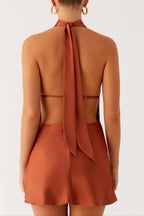 Halter Backless Satin Mini Dress In Rust Flowering Girl