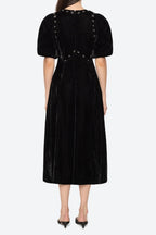Crystal Embellished Puff Midi Dress In Black Flowering Girl