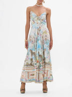Retro Oil Painting Print Halter Maxi Dress Flowering Girl