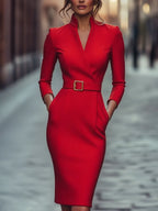 Refined Black Belted Sheath Dress With Mandarin Collar Flowering Girl