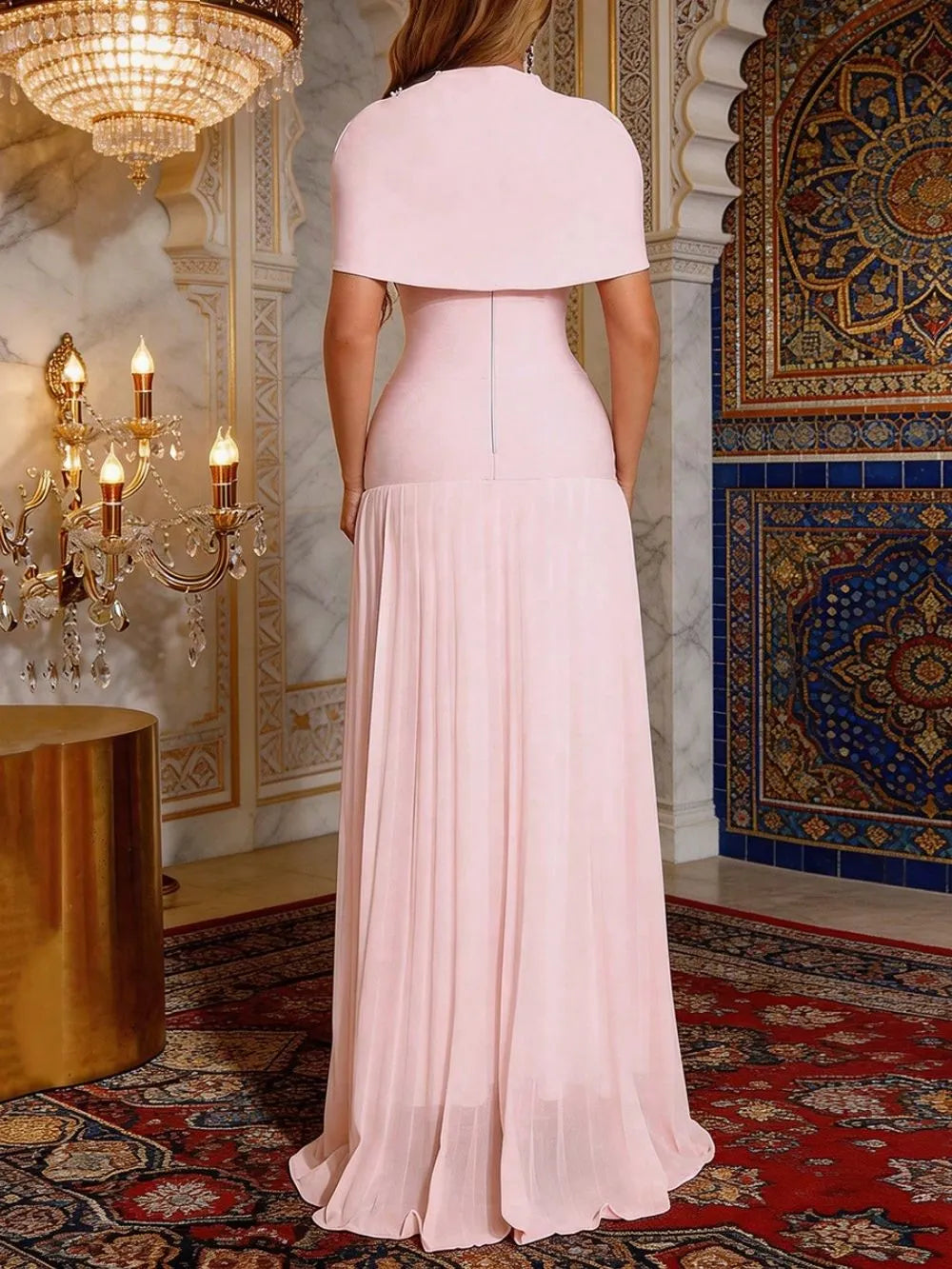 Makiko Pink Bandage Maxi Dress With Beaded Cape Flowering Girl