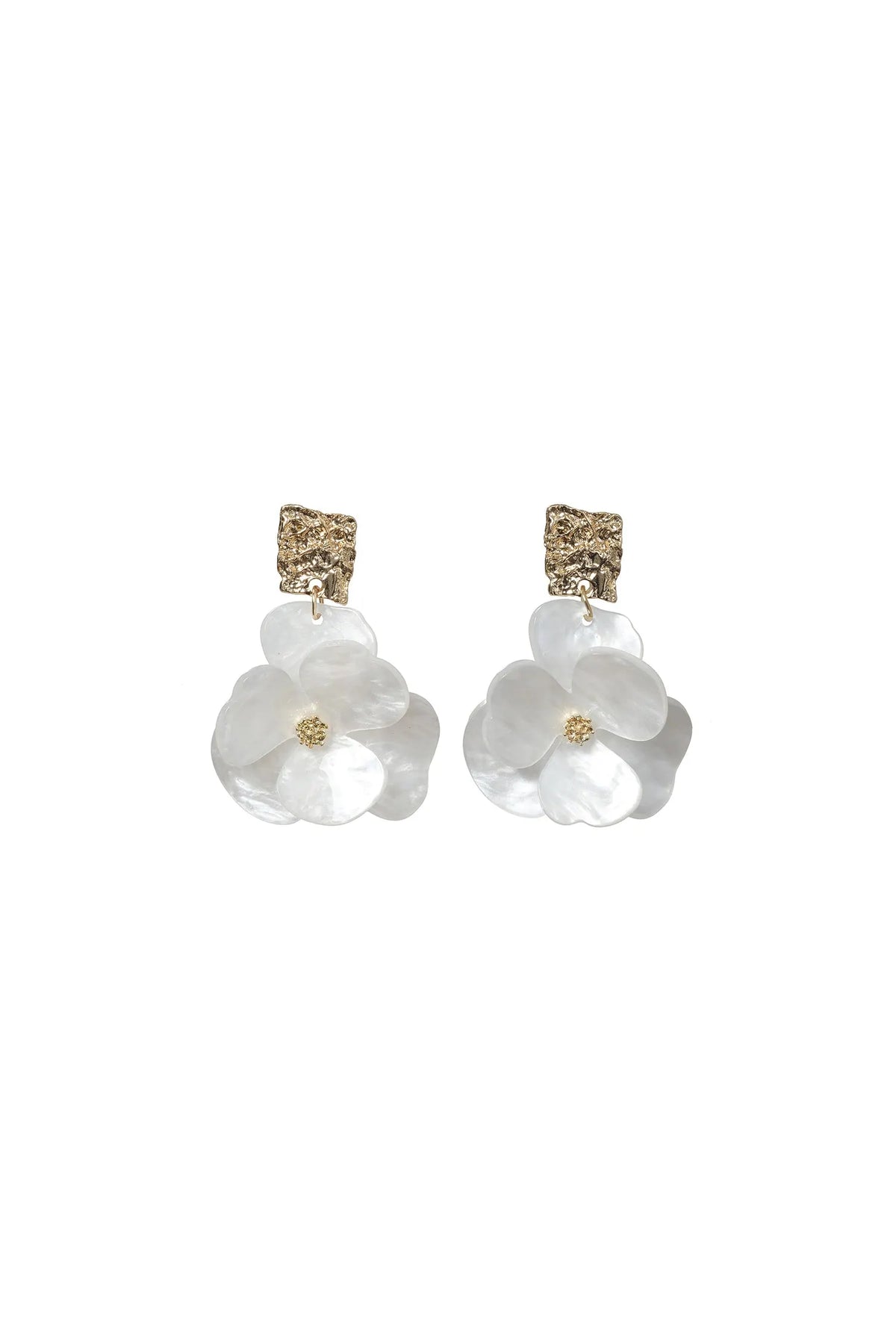 Textured Gold Square Mother-of-Pearl Floral Drop Earrings Flowering Girl