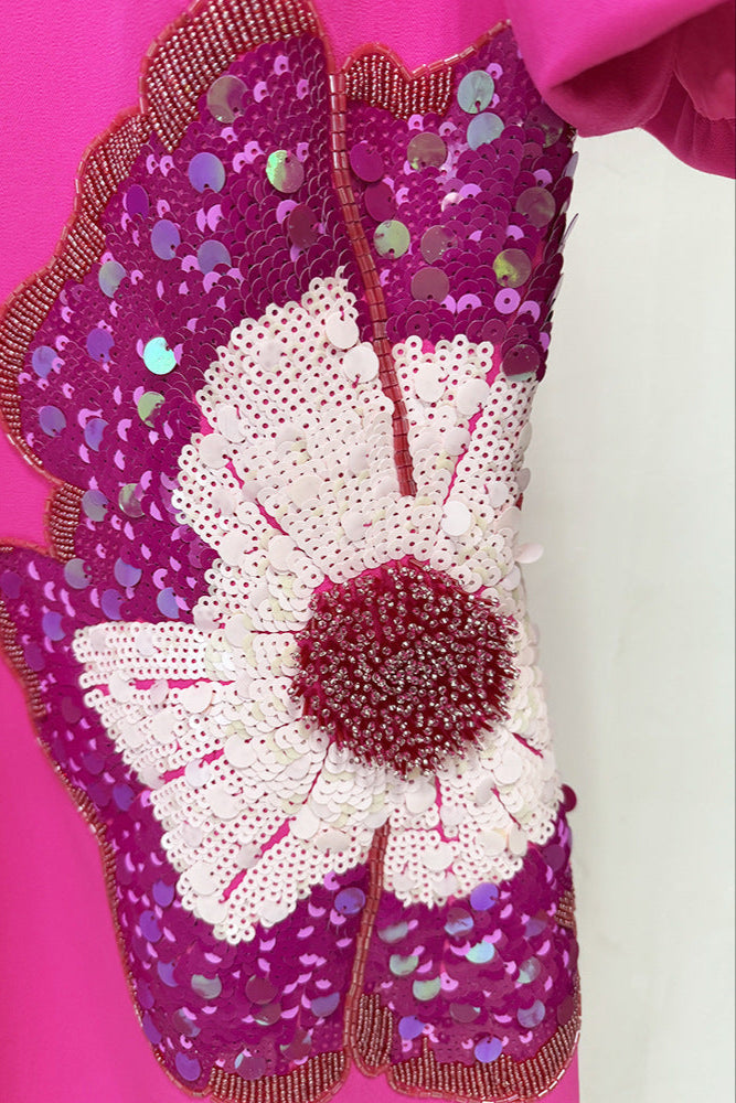 Sequin Flower Embellished Puff Sleeve Midi Dress In Pink Flowering Girl