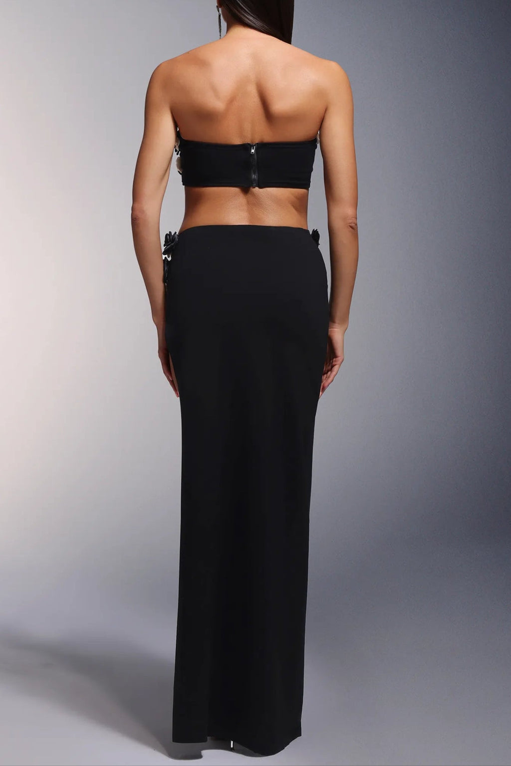 Black High Slit Tassels 3d Flowers Strapless Maxi Set Flowering Girl