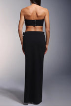 Black High Slit Tassels 3d Flowers Strapless Maxi Set Flowering Girl