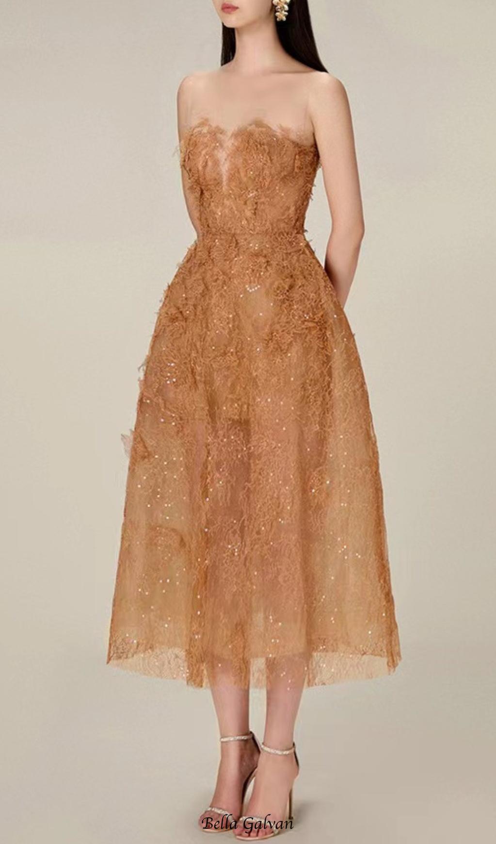 CARAMEL FLORAL LACE EMBROIDER MIDI DRESS Flowering Girl
