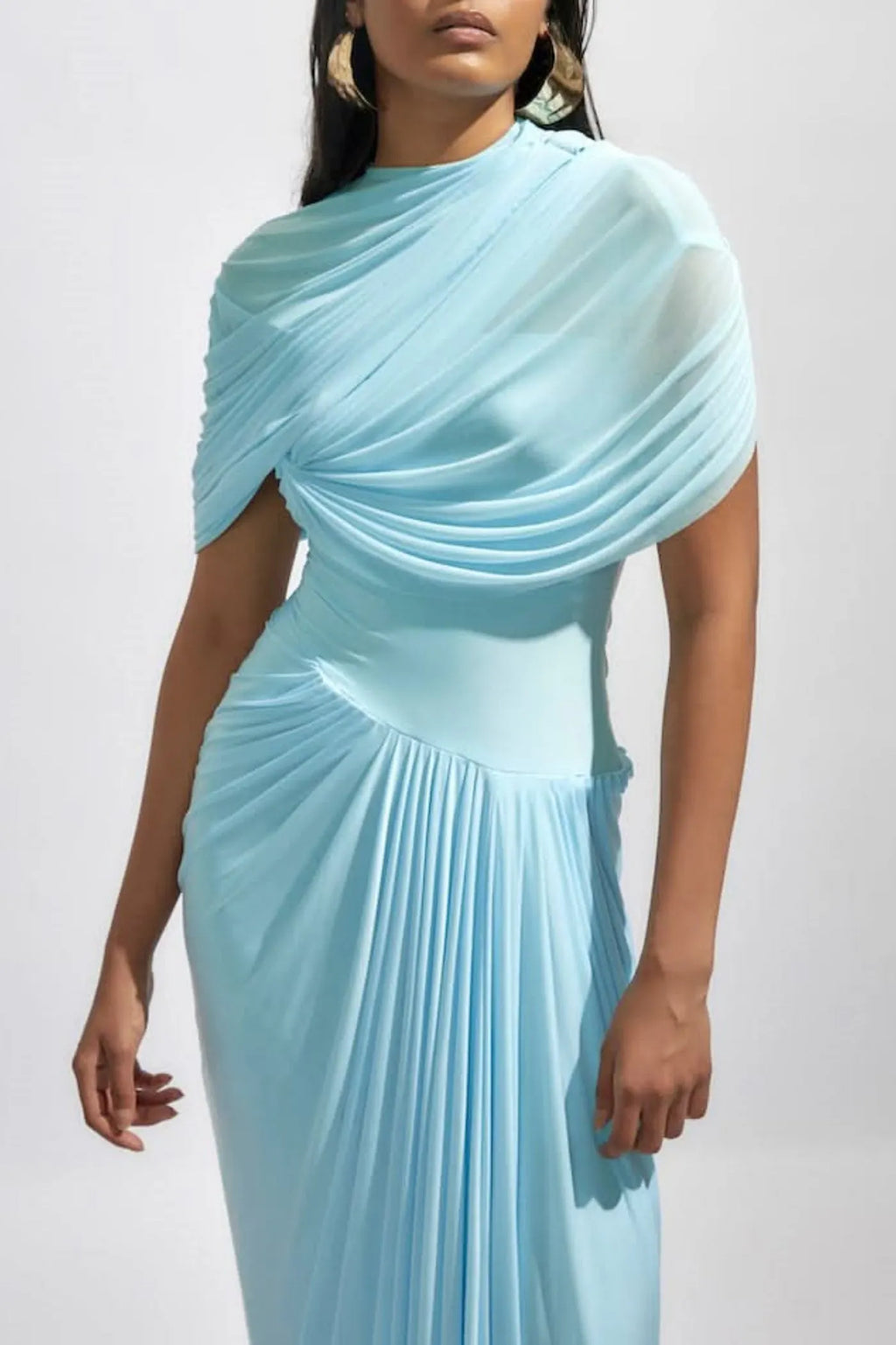 Aakifa Asymmetric Draped Maxi Dress - Baby Blue Flowering Girl