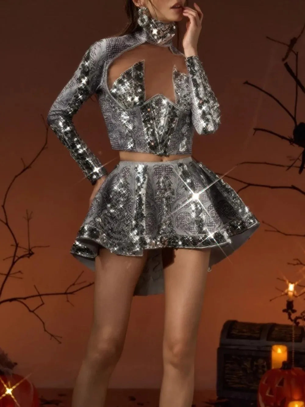 Rurelia High Neck Sequin Skirt Set Flowering Girl