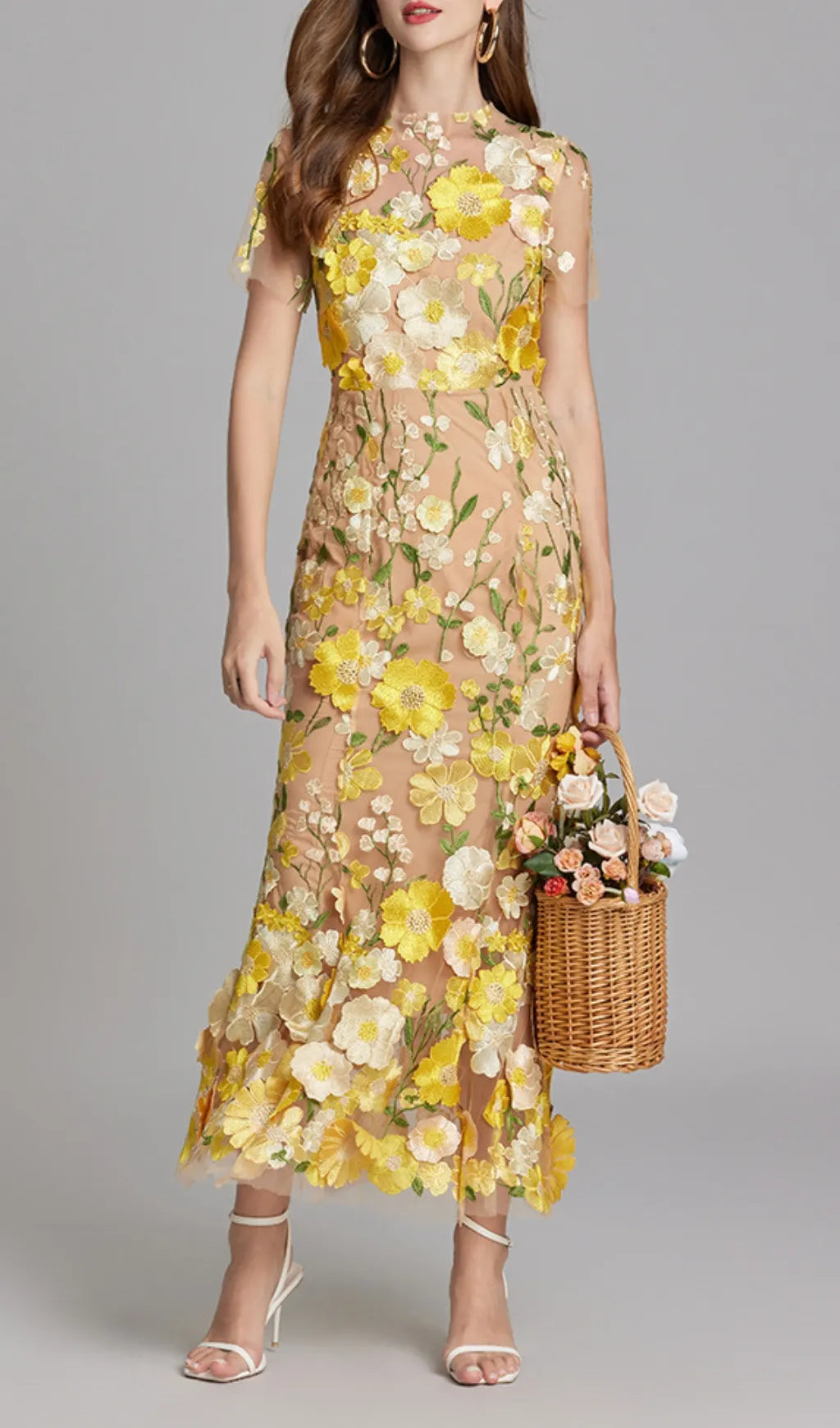 Carol Yellow Floral Embroidery Mesh Fishtail Midi Dress Flowering Girl