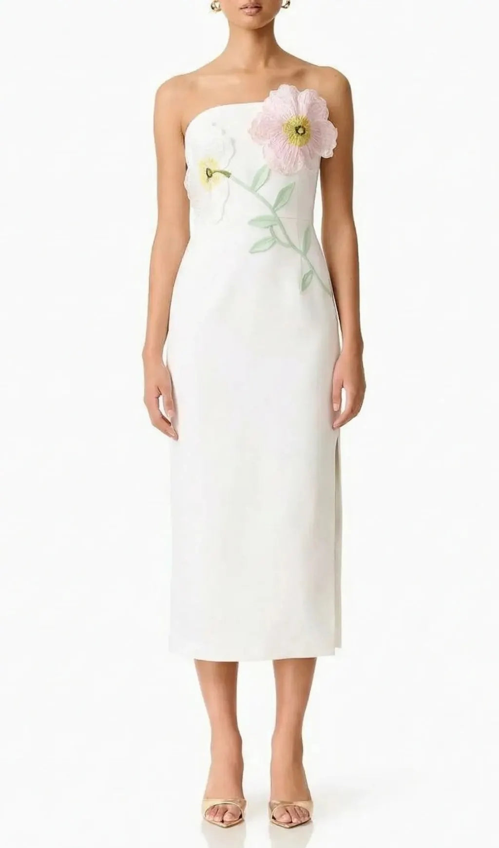 Kifle White Strapless Embroidery Flower Midi Dress Flowering Girl