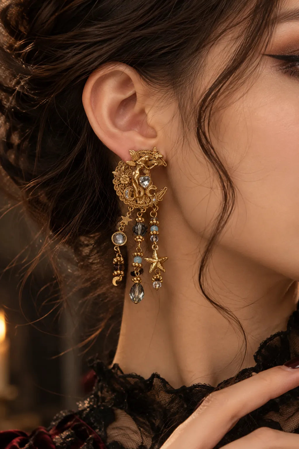 Vintage Fairy Moon Star Tassel Drop Earrings Flowering Girl