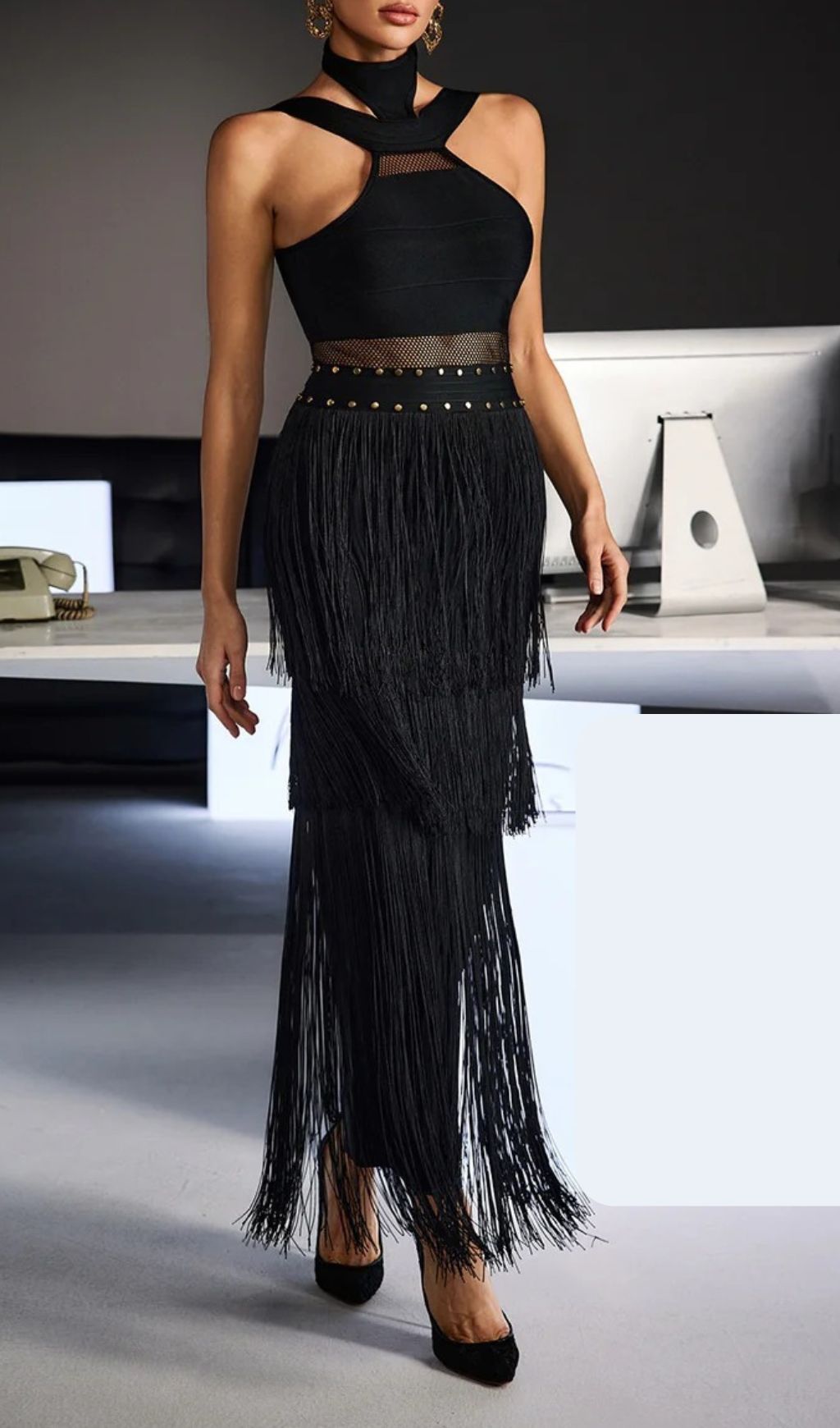 Fermin Black Halterneck Bandage Fringe Midi Dress Flowering Girl