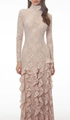 Michelle Nude Floral Lace Ruffled Maxi Dress Flowering Girl