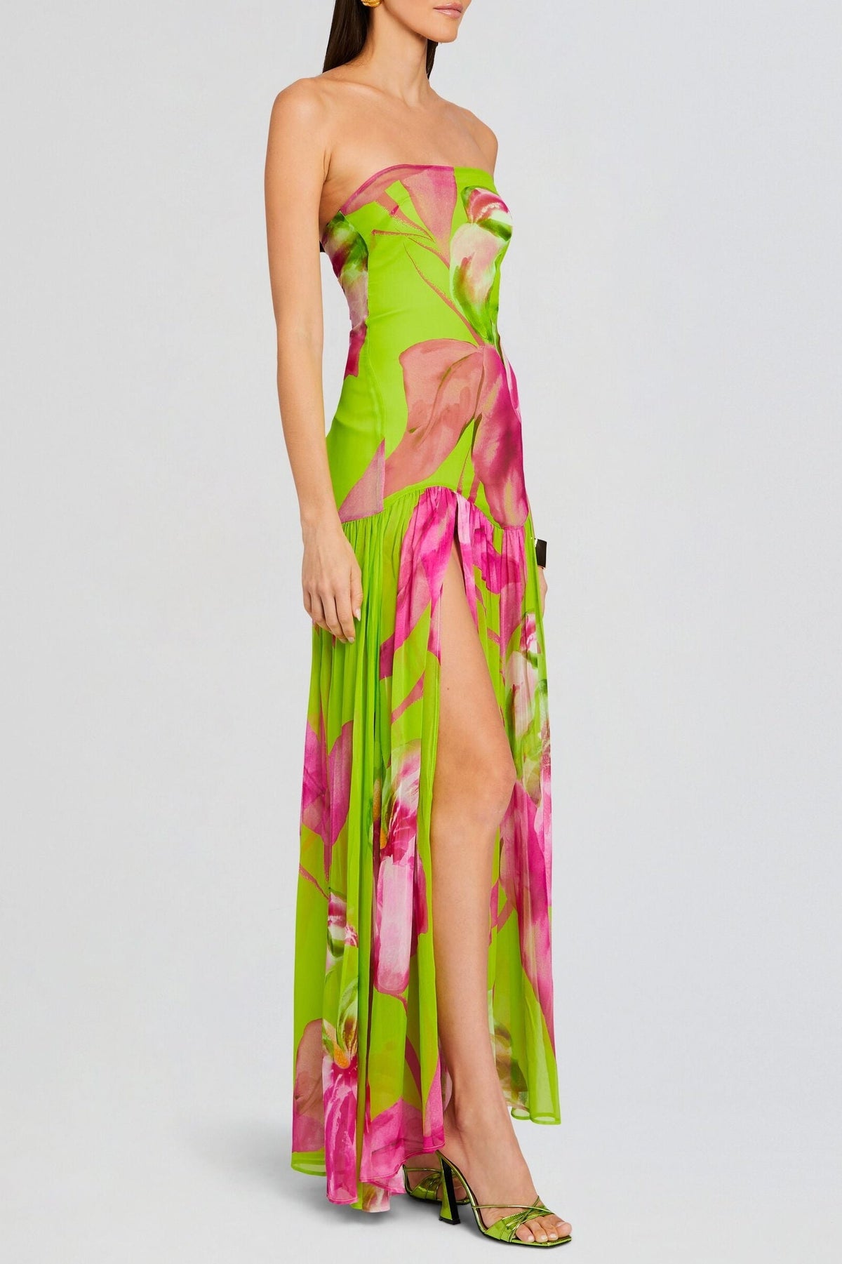 Shmaka Floral Print Strapless Slit Maxi Dress - Green Flowering Girl