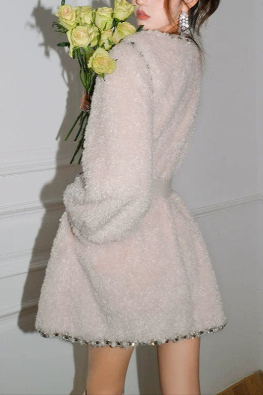 Beige V-Neck Long Sleeve Diamond Stud Coat Flowering Girl