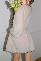 Beige V-Neck Long Sleeve Diamond Stud Coat Flowering Girl