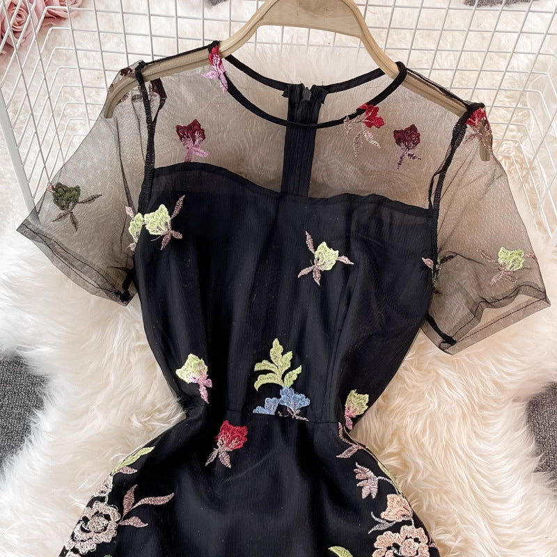 Black Floral Embroidery A-Line Midi Dress with Sheer Mesh Overlay Flowering Girl