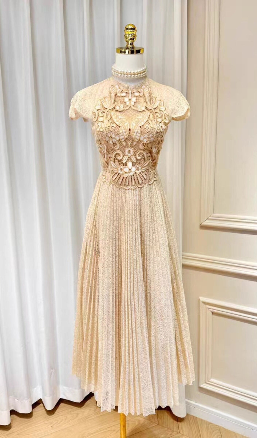Pleated Embroidery Midi Dress In Beige Flowering Girl