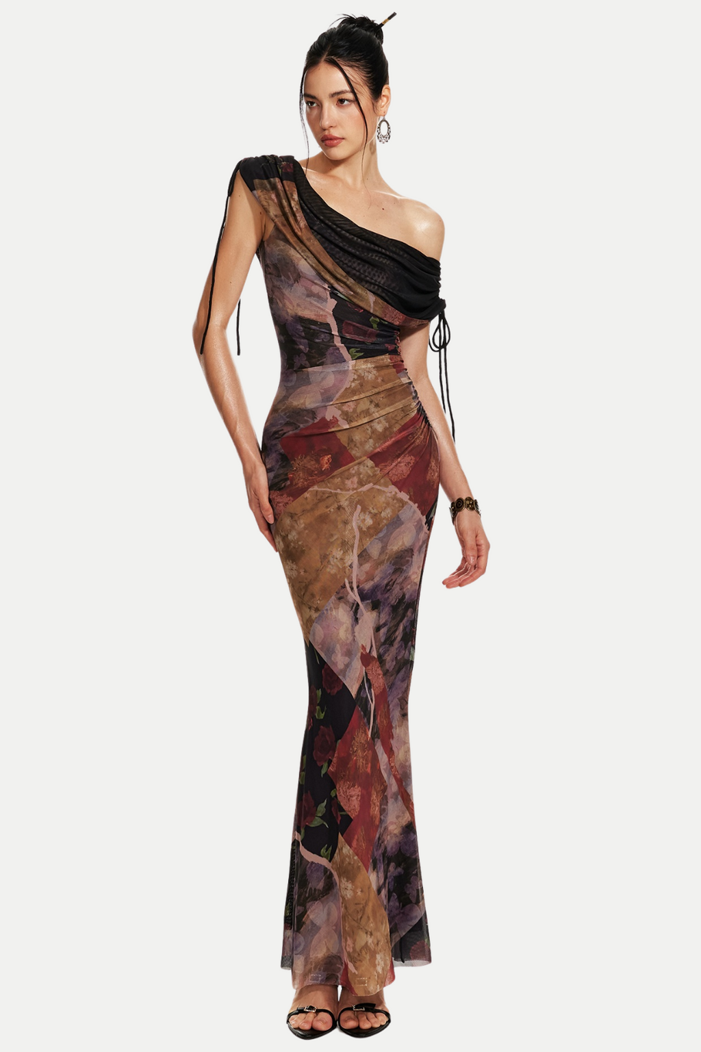 Rosala Print Mesh Off Shoulder Maxi Dress Flowering Girl