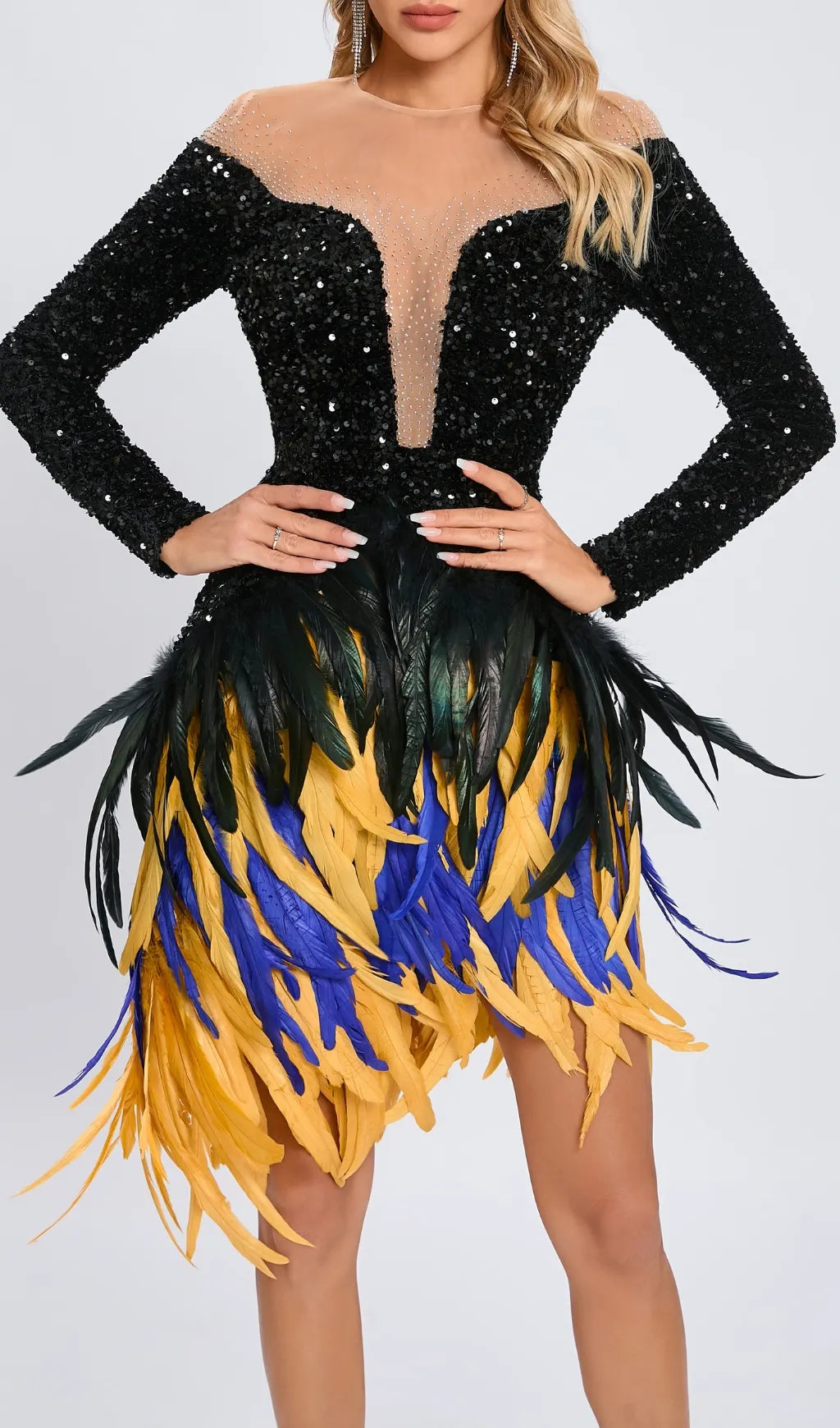 Long Sleeve Sequin Feather Dress Black Flowering Girl