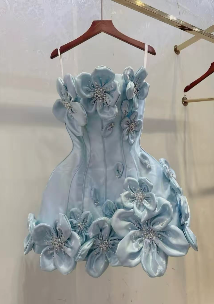Light Blue Structured Crepe Bodycon Dress with 3D Floral Embellishments Flowering Girl