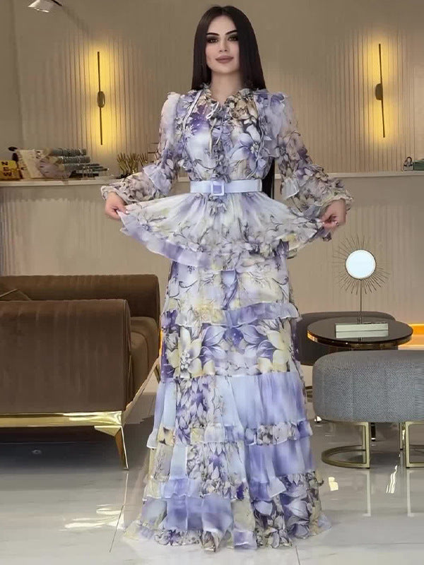Alyssa Purple Floral Print Ruffle Maxi Dress With Belt Flowering Girl