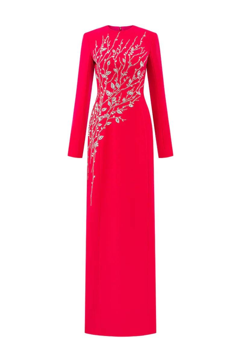 Hilary Red Padded Shoulder Crystal Embellished Straight Maxi Dress Flowering Girl