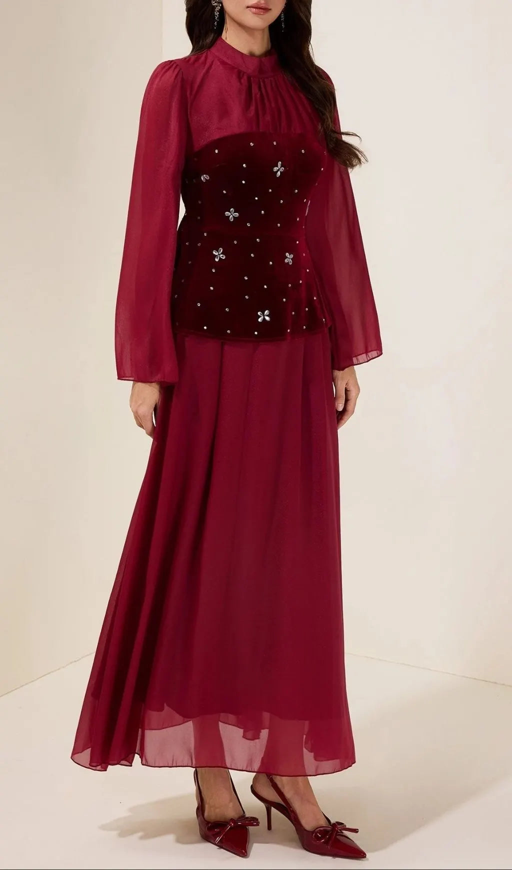 Caroline Rhinestone Velvet Splicing Maxi Dress - Burgundy Flowering Girl
