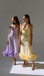 Suspender A-Line Midi Dress In Purple Flowering Girl