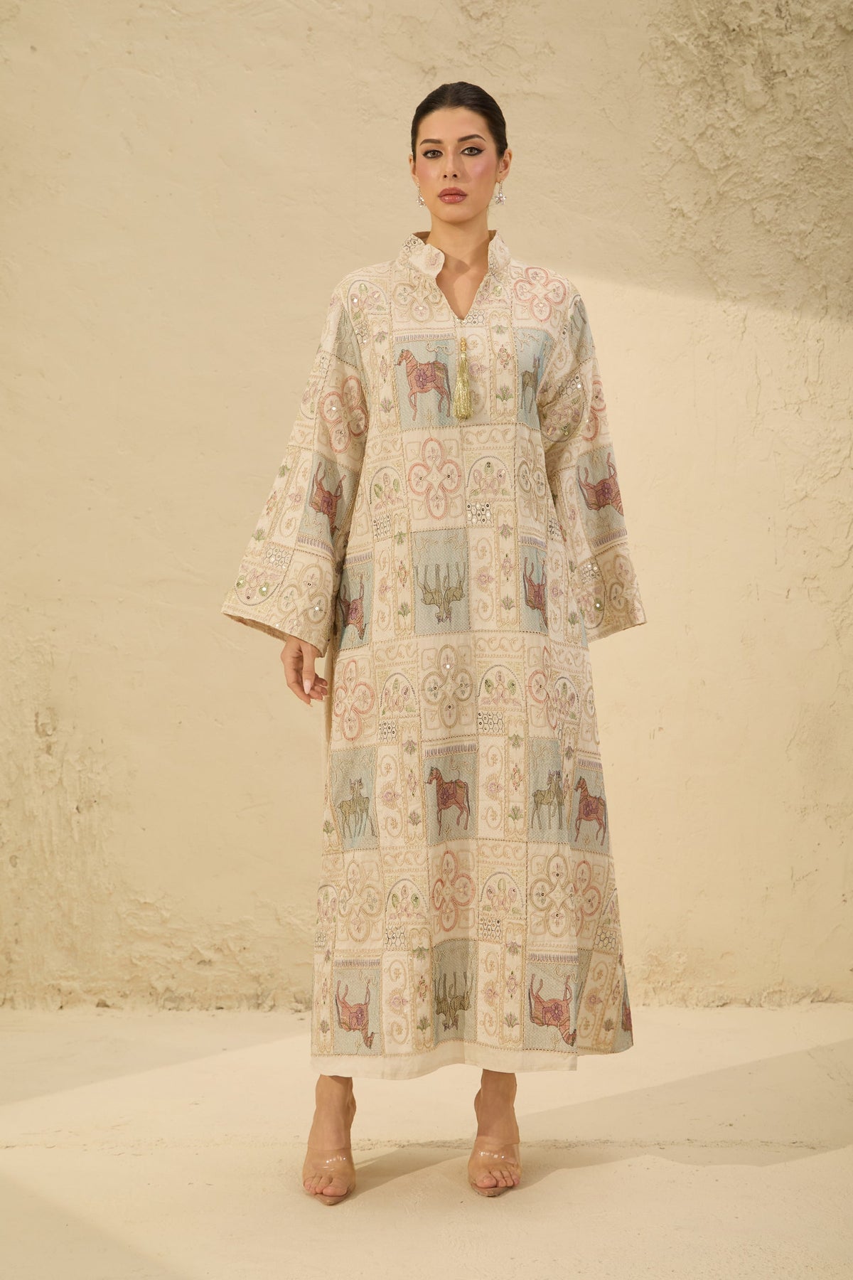 Cream Horse Patchwork Print Stand Collar Bell Sleeve Long Kaftan Dress Flowering Girl