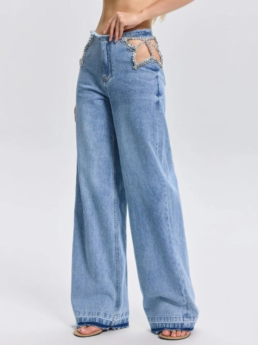 Florine Cutout Rhinestone Jeans Flowering Girl