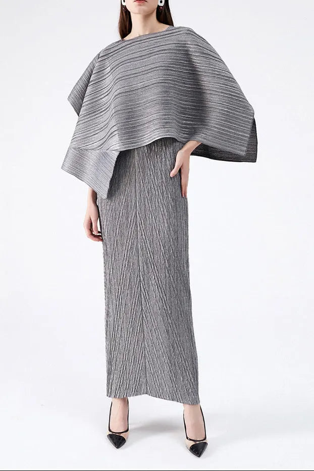 Maureen Pleated Midi Dress With Cape In Gray Set Flowering Girl