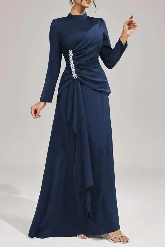 Beulah Long Sleeves With Beading Pleated Maxi Dress In Blue Flowering Girl