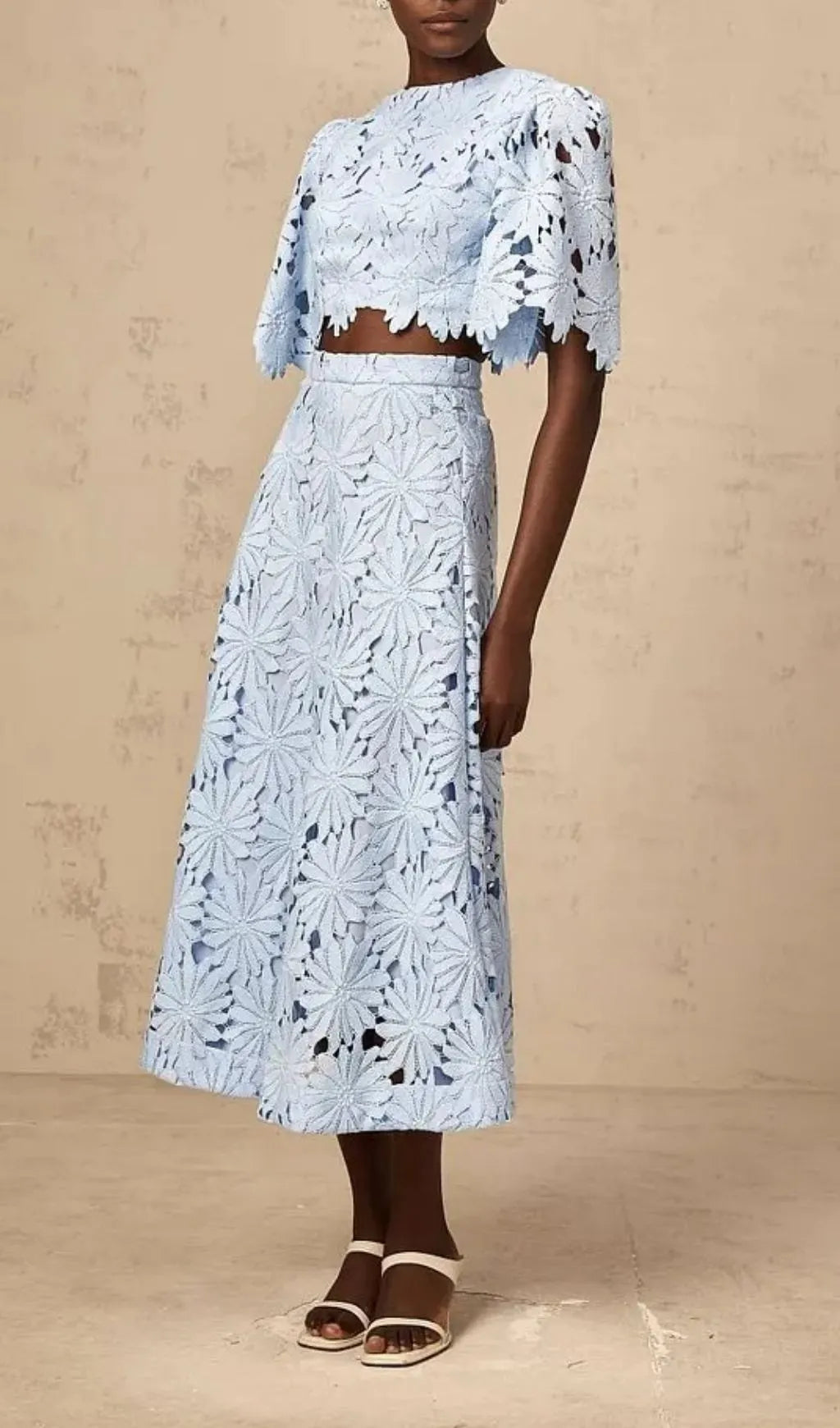 Penny Openwork Floral Lace Blouse Maxi Skirt Set - Blue Flowering Girl