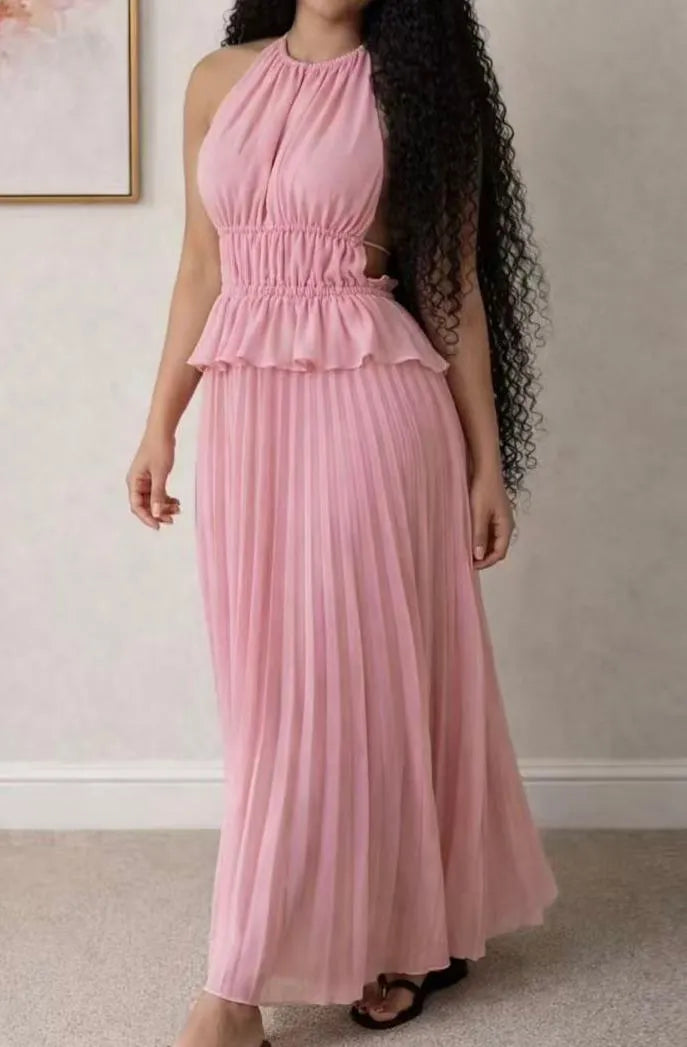 Halter Neck Pleated Maxi Dress Flowering Girl