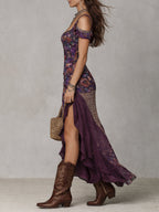 Purple Urban Nomadic Leopard Print Floral High-slit Maxi Dress Flowering Girl